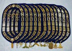 MASONIC BLUE LODGE OFFICER GOLD CHAIN COLLARS WITH JEWELS PACK OF 12 | BLUE HOUSE MASTER MASON GOLD COLOR METAL CHAIN COLLAR